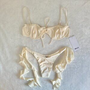 Belle Swim | Amour Underwire Demi-Cup Bikini Top & Ruffle Bottom in  Ivory Satin